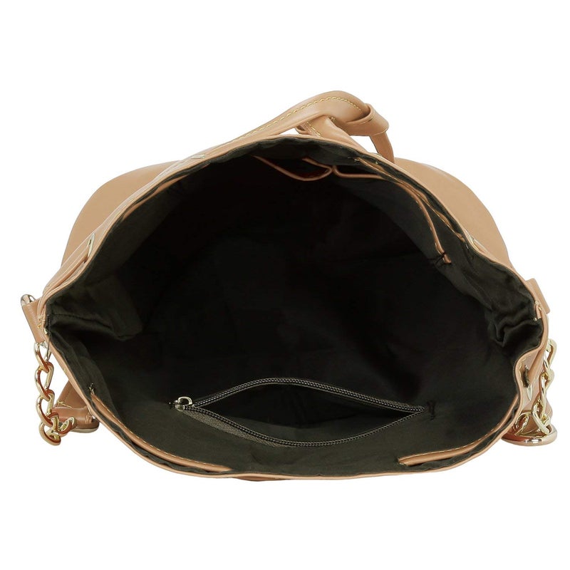 KLEIO Stylish Solid Color Bucket Sling Bag for Women - Tan Faux Leather - Image 4